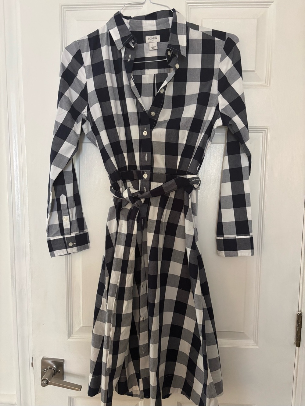 J. Crew Black and White Gingham Tie-Waist Shirt Dress